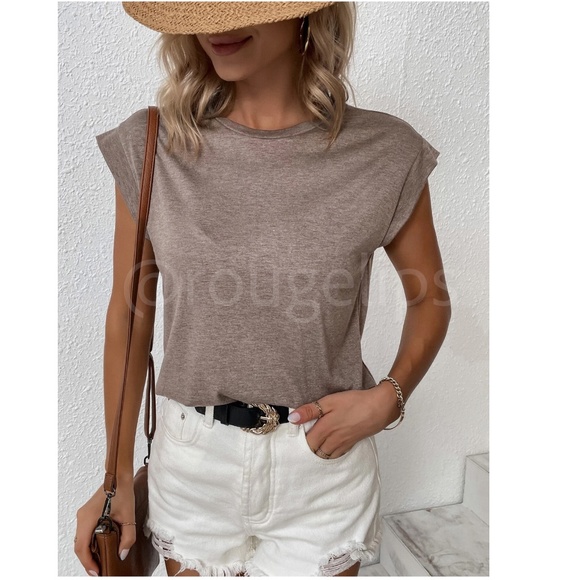 Mocha Brown Crew Neck Muscle Tee Top Shirt Cap Sleeve, Round Neck - Picture 5 of 11